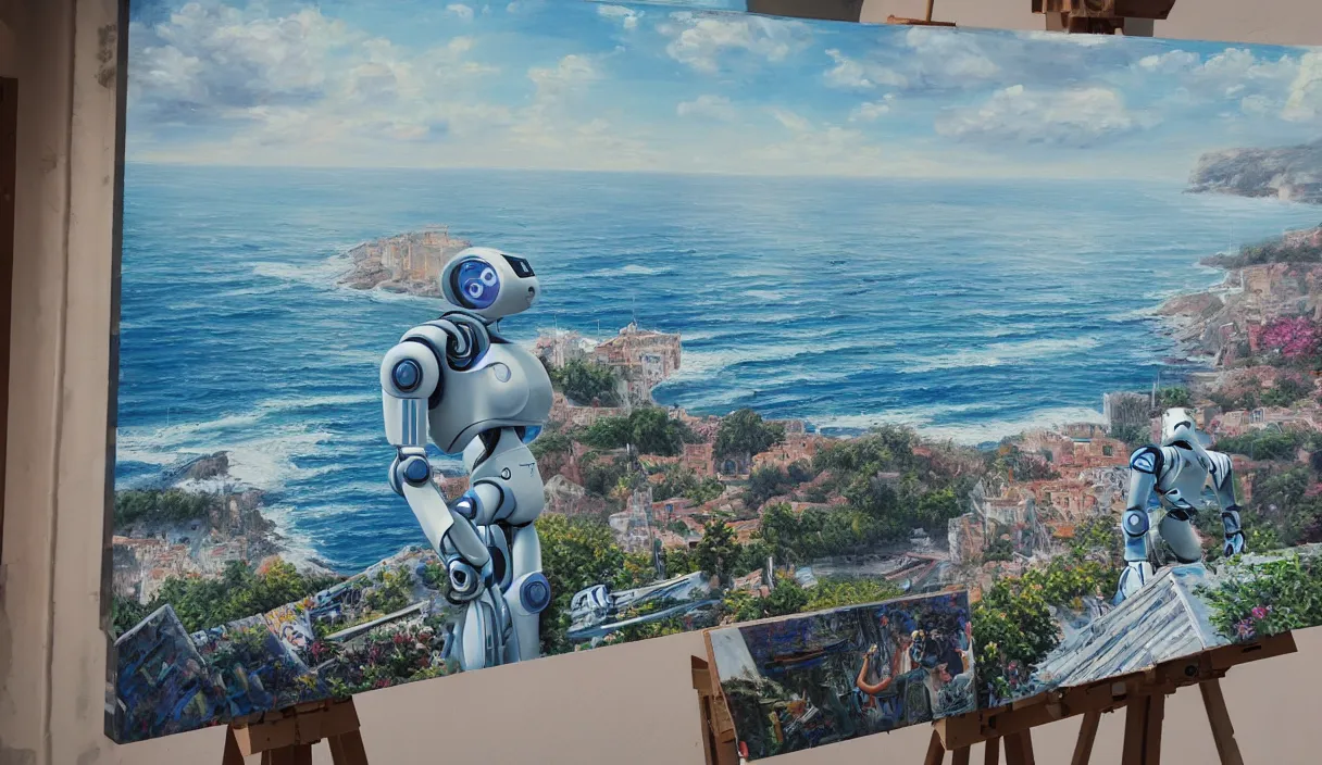 Prompt: an high resolution photo of a robot paiting a picture on a terrace over the see, hyper detailed, phoyography, realistic, art, 8 k, unreal engine, cinematic, shallow focus, f 2. 8 3 5 mm, kodak film, 3 5 mm film