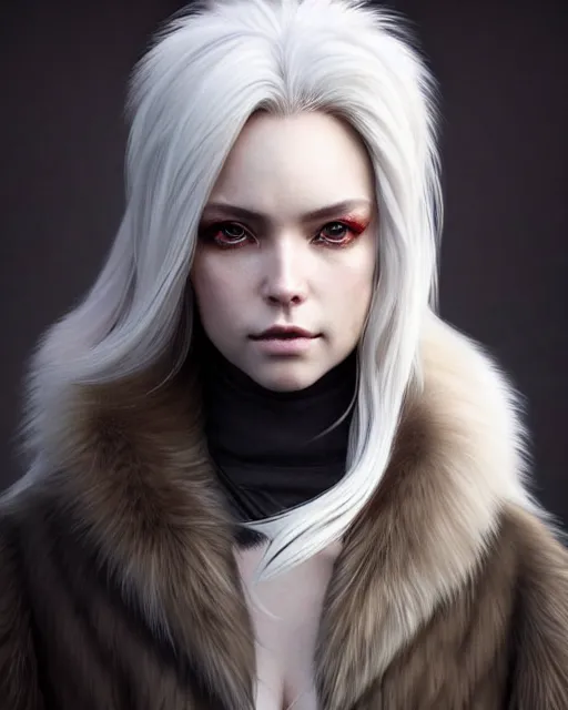 Prompt: dragon hunter wearing a fur - lined dragonhide jacket!!! beautiful and gorgeous wild white long haired female!! symmetry, character concept art, sharp focus, illustration, art by artgerm! greg rutkowski magali villeneuve wlop! ilya kuvshinov!! charlie bowater! octane render, unreal engine 5! highly rendered!!