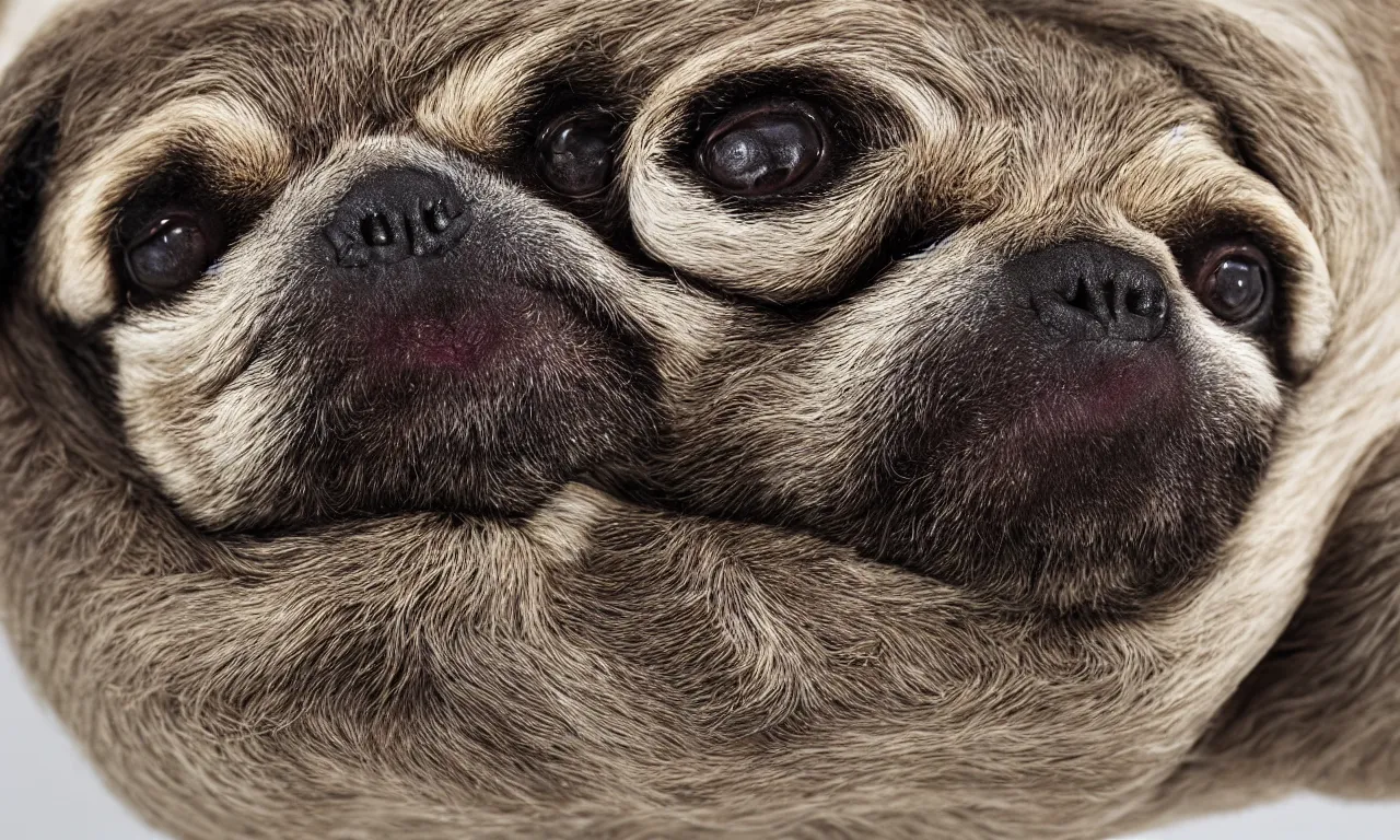 Image similar to sloth cross pug hybrid, chymera, in laboratory panoramic, wide depth of field, 8 k