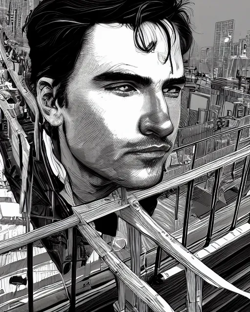 Image similar to portrait of a man standing on a bridge, detailed illustration, digital art, trending on artstation, martin ansin,