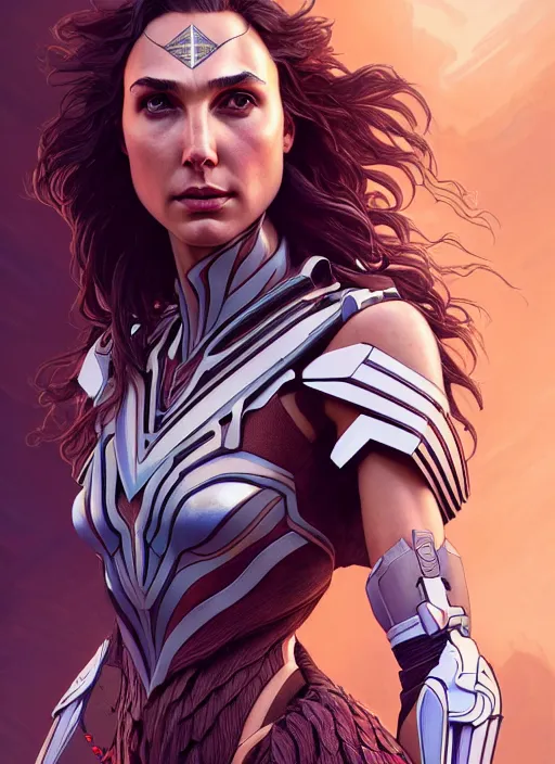 Image similar to symmetry!! portrait of gal gadot, floral! horizon zero dawn machine, intricate, elegant, highly detailed, digital painting, artstation, concept art, smooth, sharp focus, illustration, art by artgerm and greg rutkowski and alphonse mucha, 8 k