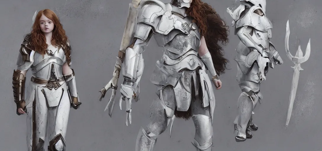 Prompt: character sheet concept art of sadie sink as a spartan - iii in white armor, realistic, hyperrealistic, photographic, costume, wlop, dan mumford, greg rutkowski, high detail, octane render, alexander mcqueen, james gurney, james jean, mucha, photo, 8 k, intricate