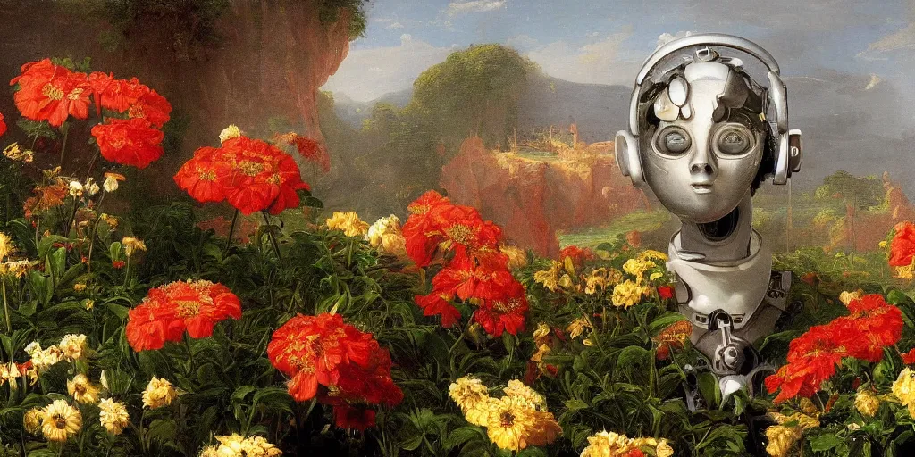 Prompt: a wide angle painting by Thomas Cole of a robot head with flowers growing out, highly detailed, masterpiece