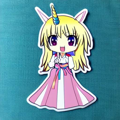 Prompt: die cut sticker of anime chibi kawaii cute tsundere unicorn