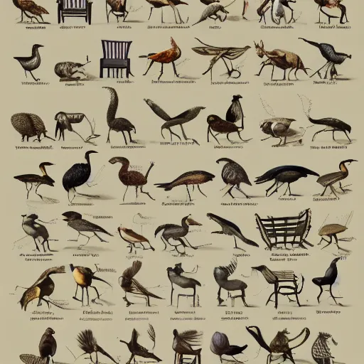 Prompt: an illustrated field guide to different species of chairs showing examples of males and females of each species, biological illustrations, art by john james audubon robert stebbins and terryl whitlatch and david sibley and charles darwin, highly detailed, intricately detailed, 8 k, trending on artstation