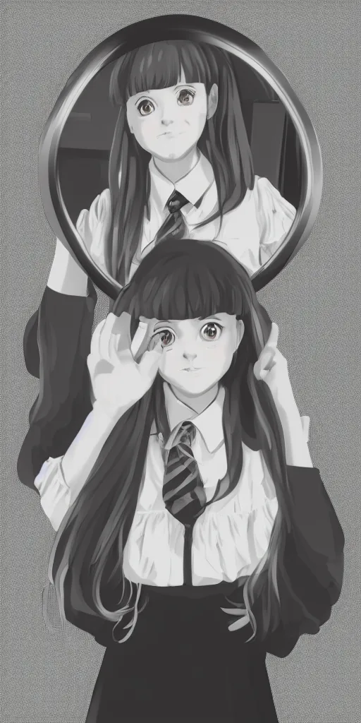 Prompt: potrait of a schoolgirl in a classroom mirror, digital art, anime style, 8 k, black and white