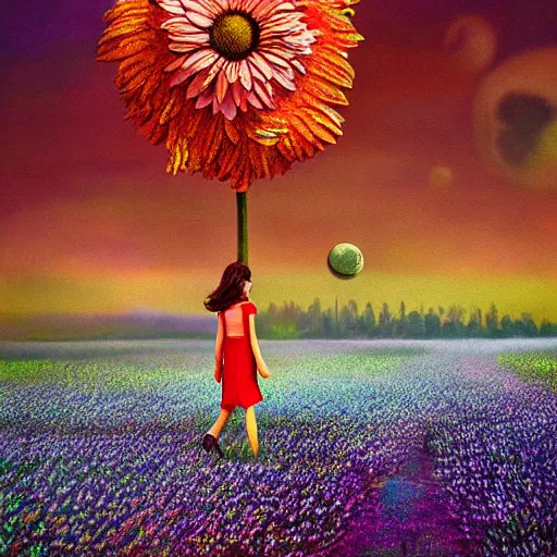 Image similar to giant daisy flower as a head, girl walking in flower field, surreal photography, moon light, dramatic, impressionist painting, colorful clouds, digital painting, artstation, simon stalenhag