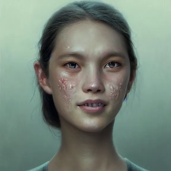 Prompt: epic portrait of a beautiful girl with an unnaturally wide smile, high detail, horror smile, sharp focus, beautiful!, scary, dewy skin, ethereal, painting, concept art, warm lighting, greg rutkowski, by kawase hasui, moebius and edward hopper, vivid bright light, colorful flat surreal design, hd, 4 k, artstation