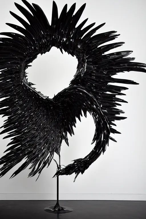 Prompt: ASYMMETRICAL irregular brutalist black-metal winged sculpture made of glossy black liquid latex and industrial hardware, sharp irregular spiraling wings, long sharp jagged feathers, designed by nancy grossman, anish kapoor, herman nitsch, 8k, hyperrealistic, hyper-detailed, highly textured, gloss finish, dark volumetric lighting