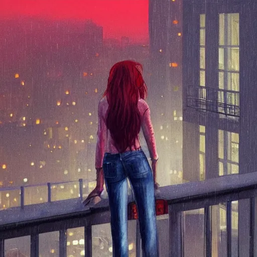 Image similar to a beautiful artwork of a woman with red hair in jeans and a white shirt smoking on the balcony of a hotel at night, top view, cinematic shot, rainy, neon and rainy theme atmosphere by Jerome Opeña, featured on artstation