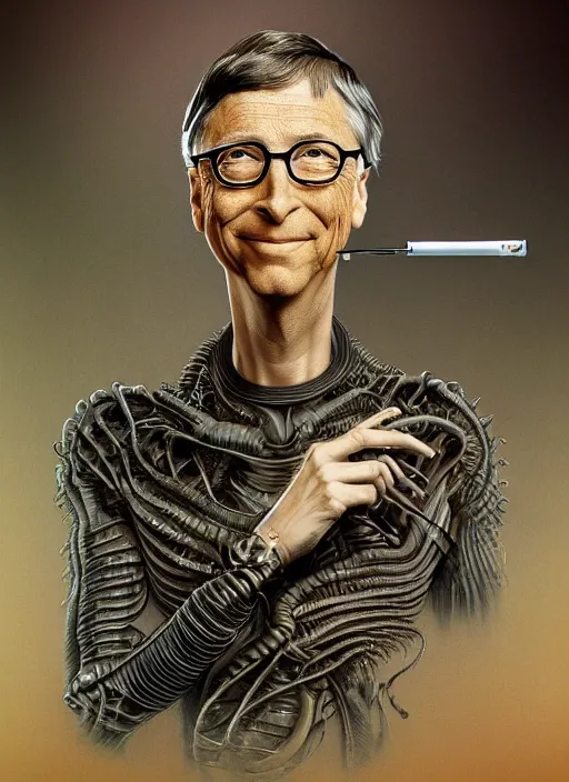 Image similar to bill gates as a reptiloid!!!, holding a syringe!!, portrait, intricate, elegant, highly detailed, digital painting, artstation, concept art, wallpaper, smooth, sharp focus, illustration, art by h. r. giger and artgerm and greg rutkowski and alphonse mucha