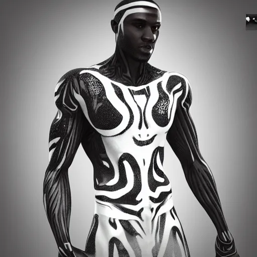 Image similar to : black human with white maze pattern skin all over hyper detailed art station  dalle2 3d render unity gigapixel  unrealengine trending on artstation,cinematic, hyper realism, high detail, octane render, 8k