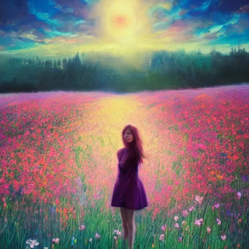 Prompt: girl with a flower face, surreal photography, bizzare, dreamlike, standing in flower field, in a valley, sunrise dramatic light, impressionist painting, colorful clouds, artstation, simon stalenhag