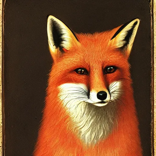 Prompt: a renaissance style portrait of the red fox (Vulpes vulpes) wearing the barretina, dark background