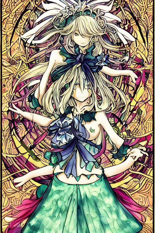 Image similar to marisa kirisame, touhou project, intricate, amazing line work, colorful, tarot cards, the devil tarot card