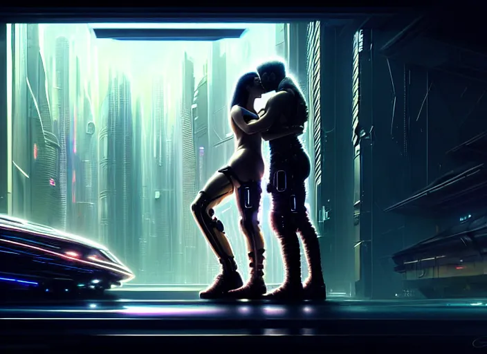 Prompt: cyberpunk, sci - fi, fantasyultra realistic medium shot of a couple of cyborgs kissing, lovers, artstation, soft light, volumetric lighting, night, intricate, highly detailed, digital painting, concept art, smooth, sharp focus, illustration, art by artgerm and greg rutkowski and alphonse mucha