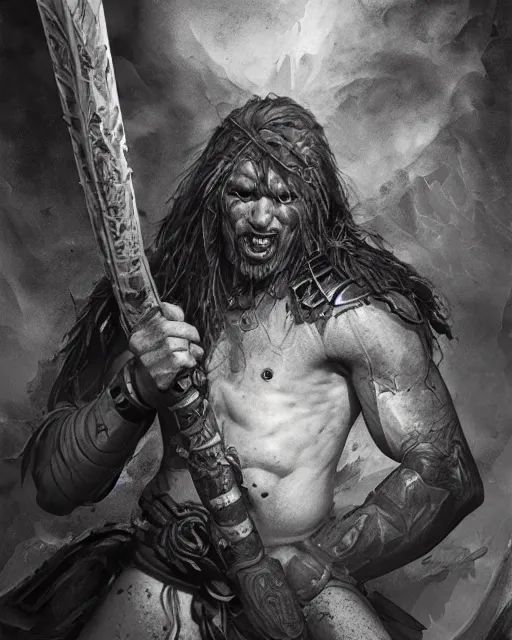 Prompt: Portrait Berserker barbarian, tattoos, axe, artgerm, andrei riabovitchev, nuri iyem, james gurney, james jean, greg rutkowski, highly detailed, dramatic 8k resolution