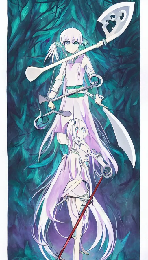 Image similar to a beautiful link drawing of the being death as a cute anime girl with a giant scythe from a studio ghibli film inspired by the death tarot card, dark vibes, pastel colors