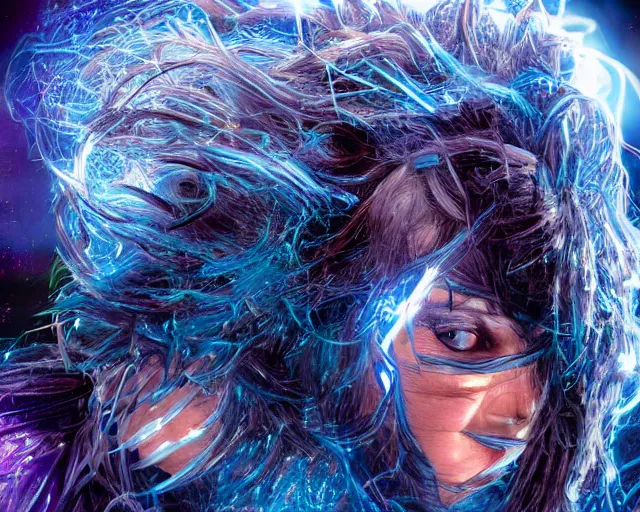 Image similar to glowing hair, complex cybernetic beings, beautiful hairy humanoids, cybermagnetosphere, cybernetic civilizations, ornate hair, love, joy, vortexes, large arrays, data holograms, 8 k, cinematic light shadows, wet hdr refractions, *, * * *, * * * * *