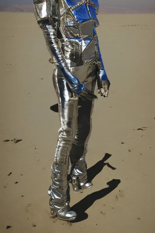 Image similar to portrait davis taylor brown dressed in 1 9 8 1 space fantasy fashion, avante garde, shiny metal, standing in a desert