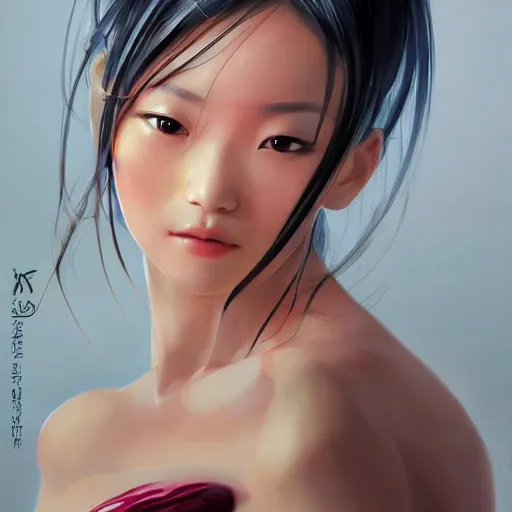 Image similar to A masterpiece portrait of a Incredibly beautiful Asian girl model in anime cosplay. Vogue. trending on artstation, digital art, by Stanley Artgerm Lau, WLOP, Rossdraws, James Jean, Andrei Riabovitchev, Marc Simonetti, Yoshitaka Amano