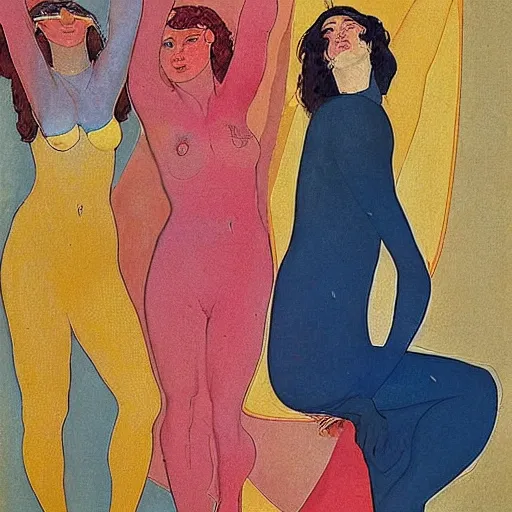 Image similar to The art installation is a beautiful work of art. The three graces are depicted as beautiful young women, each with their own unique charms. The art installation is full of color and life, and the women seem to radiate happiness and joy. hot, Tumblr by László Moholy-Nagy, by Carlos Schwabe relaxed, ultradetailed