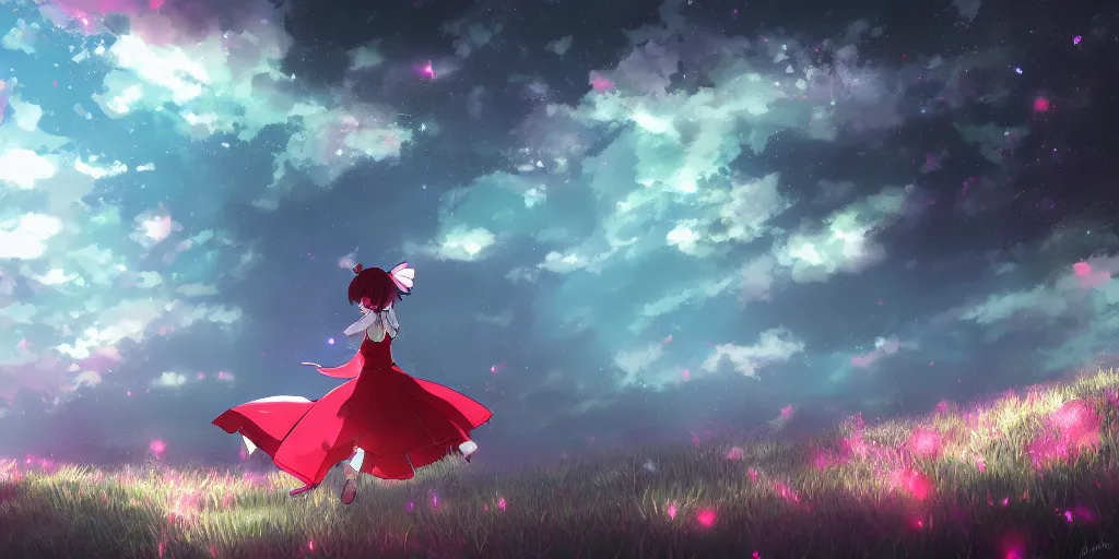 Prompt: reimu walking in cloud pond forest dusk, fractal dreamscape, shattered sky cinematic, shooting stars, mirror reflection, vibrant colors, digital anime illustration, award winning, by makoto shinkai