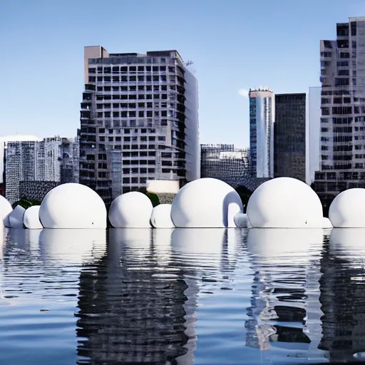 Prompt: many buildings with white spherical cell division, on the calm water, designed by antti lovag