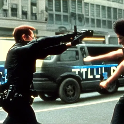 Image similar to trinity fighting cops. Matrix movie screenshot. Epic keyframe.