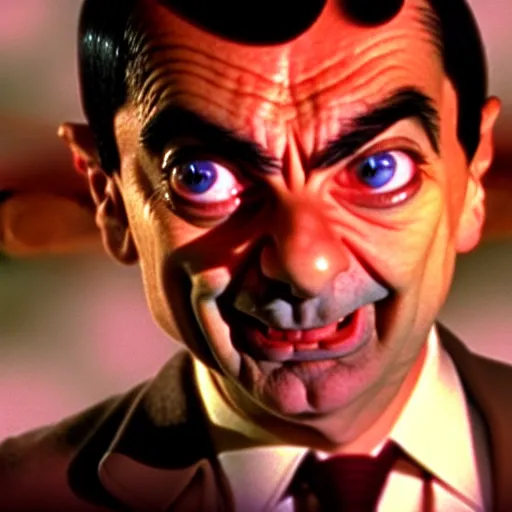 Prompt: mr. bean as one of charlies angels. movie still. cinematic lighting.