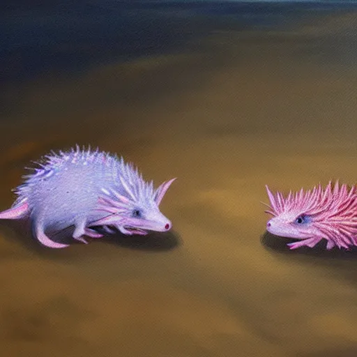 Image similar to an axolotl next to a hedgehog on a beach, oil painting, sunset lighting, 4 k