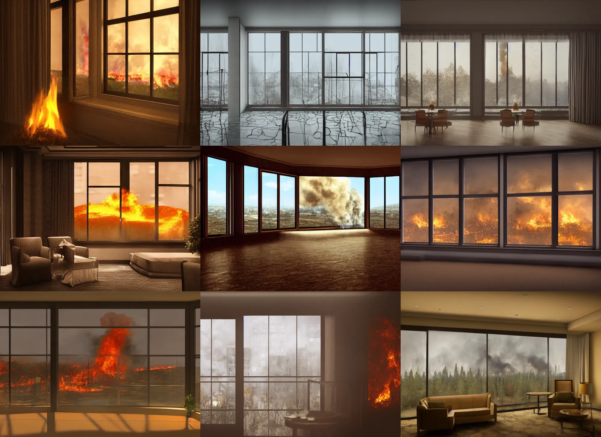 Prompt: inside of a hotel, windows view out to a fire tornado, digital art, realistic, low depth field, trendimg on artstation, beautiful, highly detailed