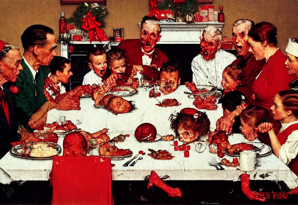 Prompt: A Norman Rockwell painting of a family losing their grip on reality during a Christmas dinner, horror, blood red, cosmic horror, cinematic, 8k