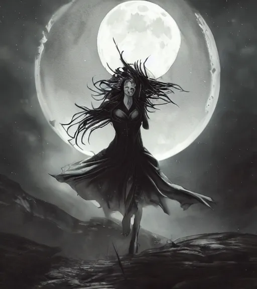 Image similar to book cover art, female dark witch in front of the full big moon, watercolor, dramatic lighting, cinematic, establishing shot, extremely high detail, foto realistic, cinematic lighting, pen and ink, intricate line drawings, by Yoshitaka Amano, Ruan Jia, Kentaro Miura, Artgerm, post processed, concept art, artstation, matte painting, style by eddie mendoza, raphael lacoste, alex ross