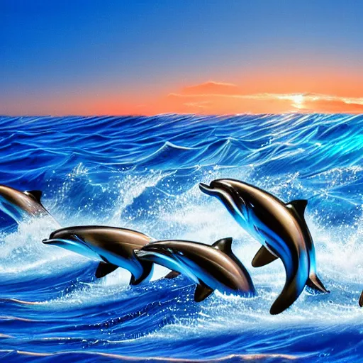 Prompt: A group of metallic dolphins surfing a wave in Hawaii during the sunset, air brush, Hajime Sorayama, 4K