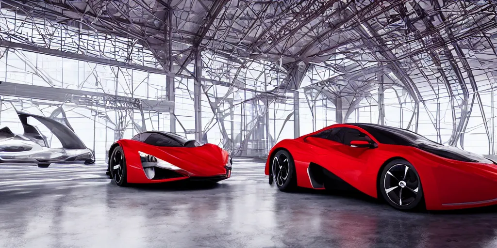 Image similar to kama russian electrocar, inside futuristic hangar, red car, sharp focus, ultra realistic, ultra high pixel detail, cinematic, intricate, cinematic light, unreal engine 8 k