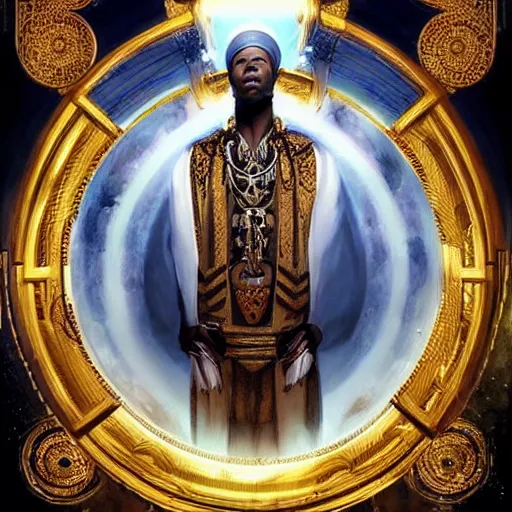 Image similar to symmetry!! an african moor wearing white robes and turban entering the voidspace. ornate, golden, steampunk stargate. front game card. marvel comics. dark. intricate. highly detailed. smooth. artstation. digital illustration by ruan jia, mandy jurgens, artgerm, wayne barlowe, greg rutkowski, and zdislaw beksinsk.