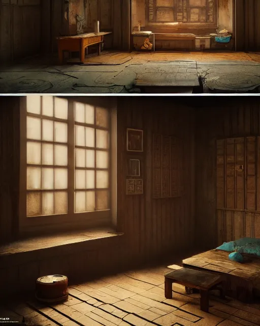 Image similar to artstation scifi scene of a shabby chinese rural room, earth kang, wooden bookcasesmall lotus shrine beds, paneled walls, unreal engine 5, hyper realism, realistic shading, cinematic composition, blender render, octane render, hdr, detailed textures, photorealistic, wide shot