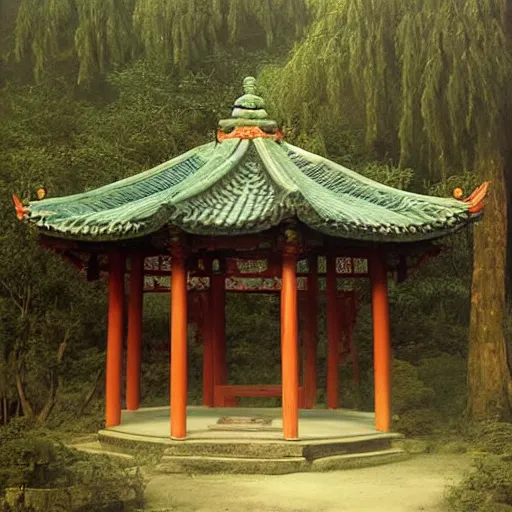 Image similar to small pavilion in the forest, by lang jingshan,