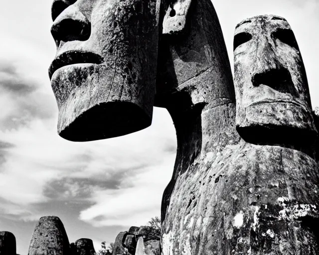 Image similar to black and white noir film. moai as lords of cannabis.