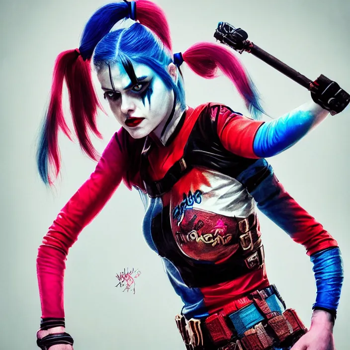 Image similar to portrait of alexandra daddario as a harley quinn in suicide squad. intricate abstract. intricate artwork. by tooth wu, wlop, beeple, dan mumford. octane render, trending on artstation, greg rutkowski very coherent symmetrical artwork. cinematic, hyper realism, high detail, octane render, 8 k, iridescent accents