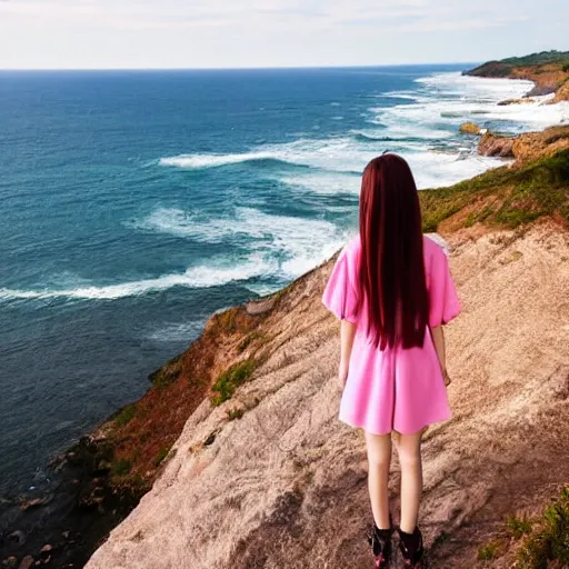Prompt: An anime girl standing on a cliff, looking out at the ocean