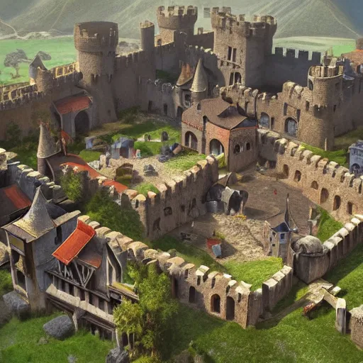 Image similar to small medieval town inside of large castle fortress, isometric, ambient occlusion, global illumination, vray, by tyler edlin and rhads, cgsociety, artstation