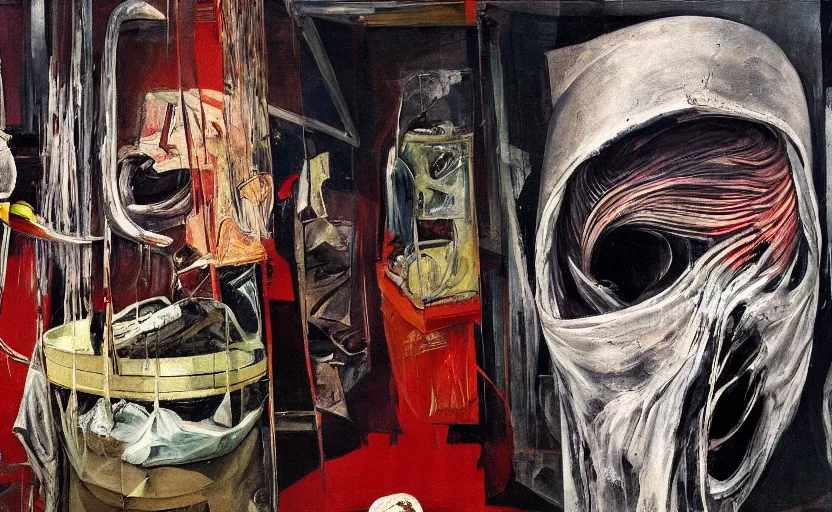 Prompt: an empty room in the style of constructivism, exhibition of paintings, trash bag on head, blurred, grotesque, doomed, neural acrylic paint, high resolution, gouache on canvas, ultra detailed, vibrant colors, grotesque, wrapped thermal background, art by francis bacon, by h. r. giger