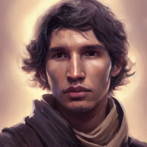 Prompt: portrait of a man by greg rutkowski, ben solo, messy black hair, tall and slender, star wars expanded universe, he is about 3 0 years old, wearing a flying jacket, friendly and trustworthy, highly detailed portrait, digital painting, artstation, concept art, smooth, sharp foccus ilustration, artstation hq