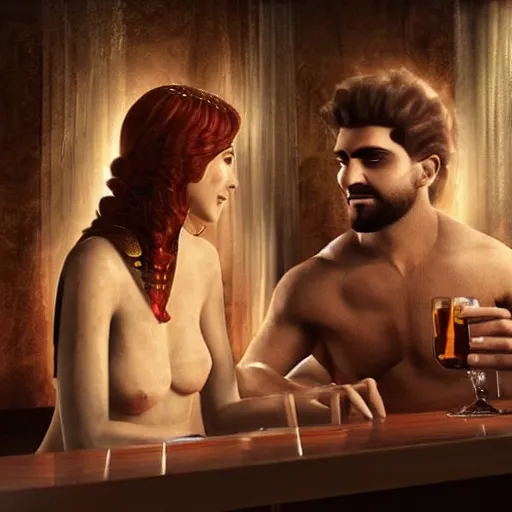 Image similar to an roman god on a date with Egyptian goddess at a bar Trending on artstation DeviantArt Pinterest furaffinty Photorealistic HD 8k highlights and shadow detailed High Resolution