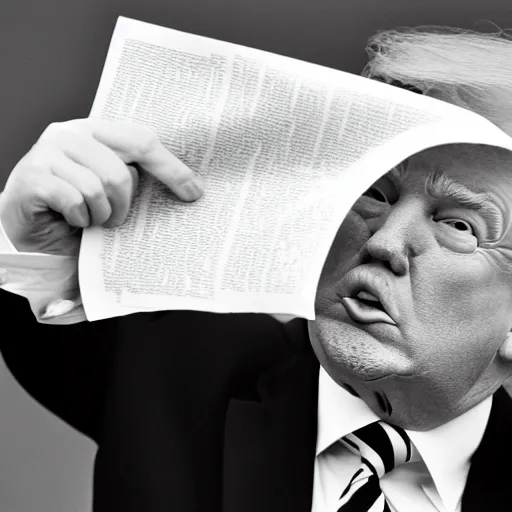 Image similar to candid portrait photo of president trump eating a wad of paper, detailed portrait