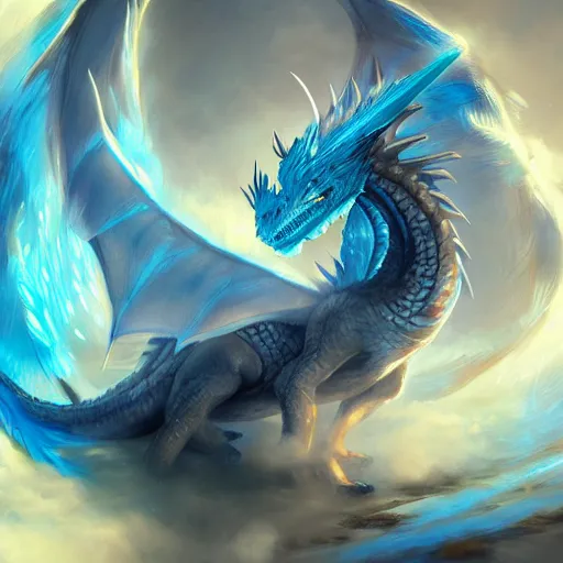 Prompt: An ice dragon breathing blue flames, digital art, artstation, WLOP, CGSociety