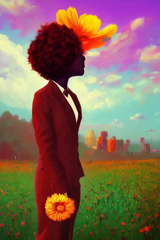 Image similar to closeup, giant flower as head, black woman in suit, surreal photography, golden hour, colorful clouds, impressionist painting, digital painting, artstation, simon stalenhag