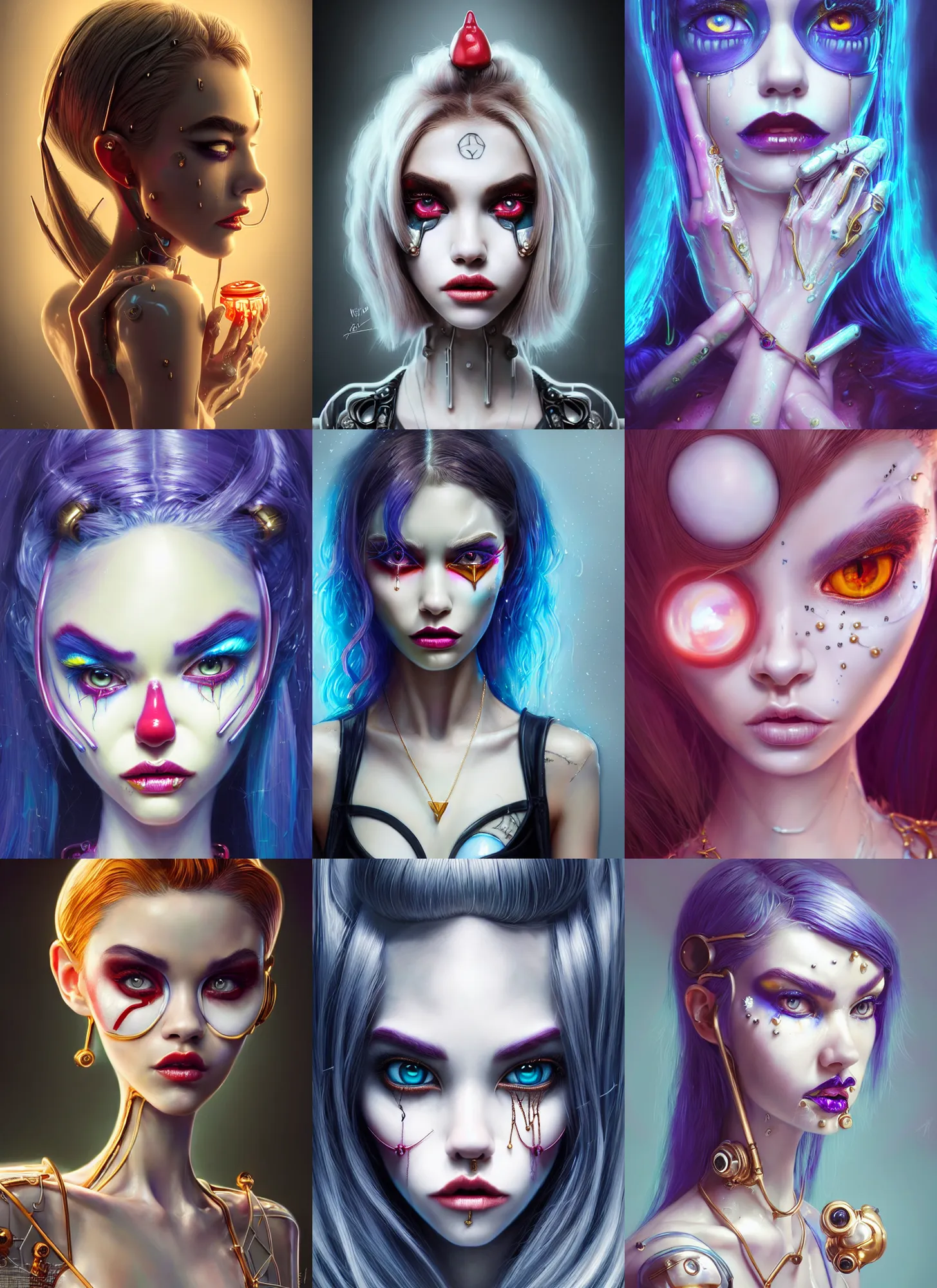 Prompt: pixar portrait, beautiful porcelain white edc clowncore rage devil madison beer cyborg woman, golden ratio jewelry, wet, sci - fi, fantasy, cyberpunk, intricate, elegant, highly detailed, digital painting, ever after high, octane render, artstation, concept art, smooth, sharp focus, illustration, art by artgerm, loish, wlop